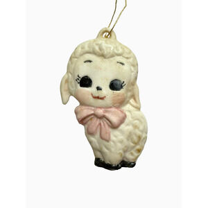 RARE 1970s Lamb Coquette Ornament‎ White Pink Bow 2” Christmas Easter